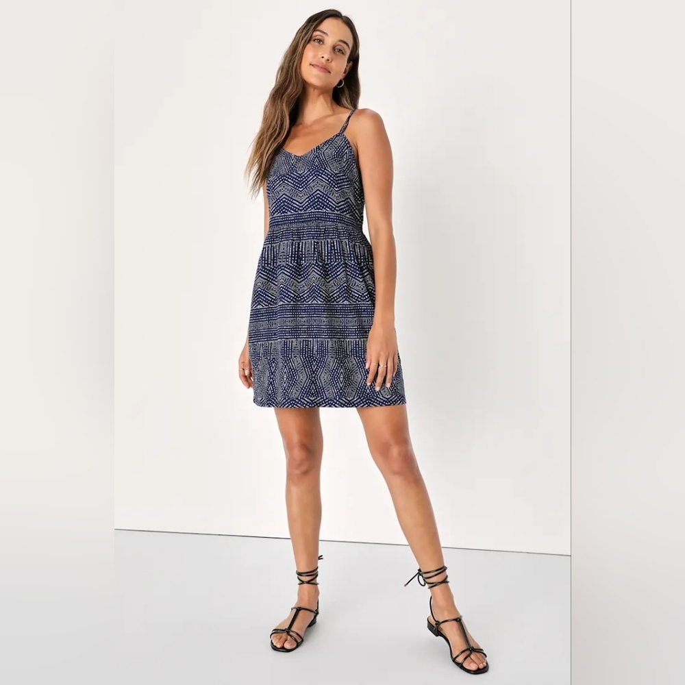 Lulus RVCA Nolan Navy Blue Print Dress ~womens small ~Skater Dress Style!